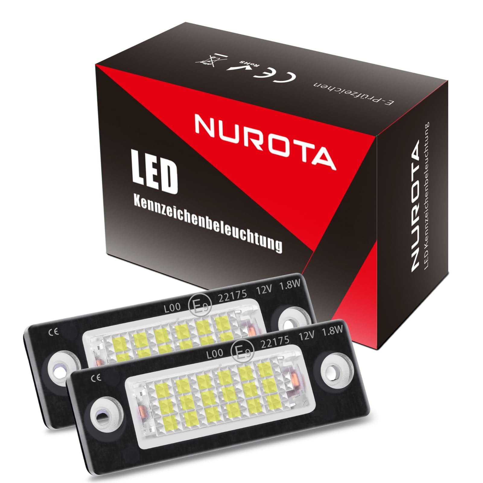 NUROTA motoeye LED Kennzeichenbeleuchtung mit E-Prüfzeichen für Golf Passat Variant Jetta Touran T5 Caddy Superb Octavia, Premium LED Nummernschildbeleuchtung Canbus 18 SMD Lampe (2 Stücke)