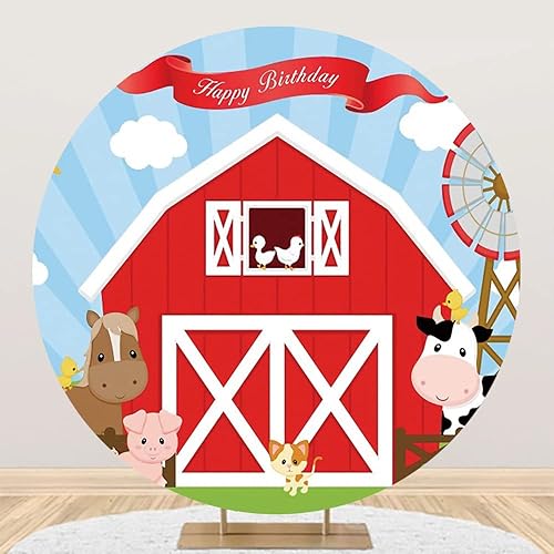 Yeele Telones de fondo redondos de granja de 7.5 x 7.5 pies para niños, decoración de fiesta de cumpleaños, granero rojo, animales de granja,