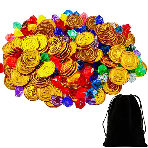 Keriber 70 Pieces Pirate Gold Coins and 70 Pieces Pirate Gems Jewelry Plastic Coins Acrylic Diamonds Treasure Jewels Games Set for Play Favor Party Supplies