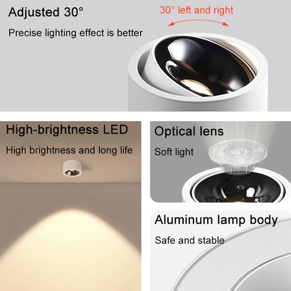 3 Pcs 7W Accent Spot Light, Modern LED Ceiling Downlight, Aluminum Cylinder Spot Light, 30° Adjustable Ceiling Light Fixture, 3 Color Dimmable Spotlights for Bookshelf Bedroom