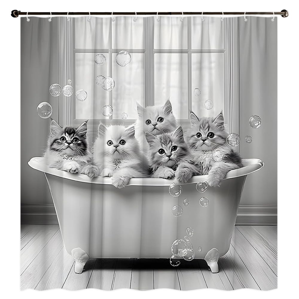 Funny Cat Shower Curtain Cute Kitty in Bathtub Bubble Lovely Kitten Rustic Wooden Board Fun Animal Gray Pet Lover Polyester Fabric Bathroom Decorative Curtain (78