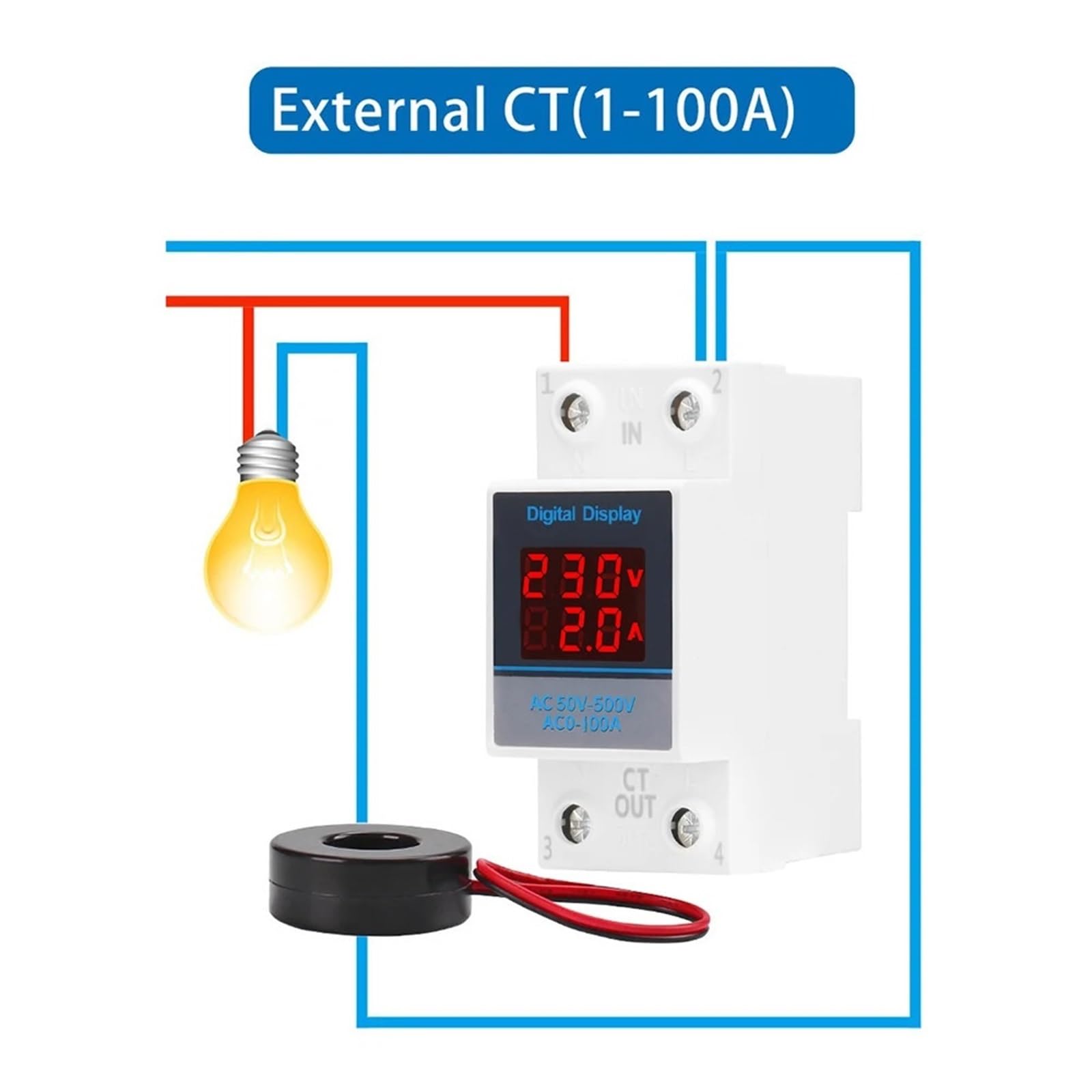 35mm Single Phase Ammeter Voltage Meter Measuring AC 50-500V Voltmeter Gauge Current Indicator Volt Amp Monitor 1Pcs(External CT 100A)