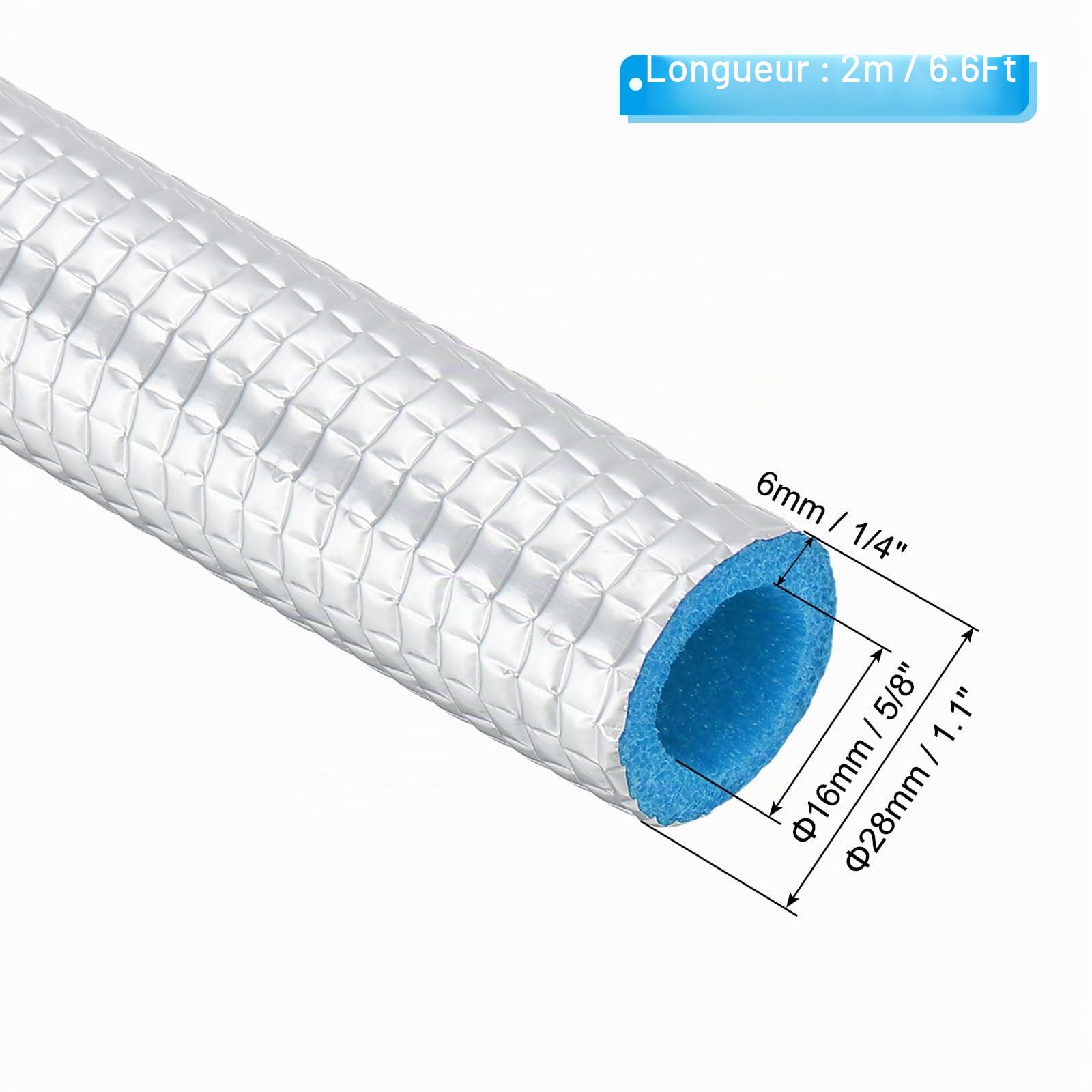 PATIKIL 6.6Ft Tubes en Mousse d'Isolation pour Tuyaux, 16mm ID 24mm OD Enveloppe de Couverture de Tube en Mousse de Conservation de Chaleur avec du Papier d'Aluminium, Argent Bleu