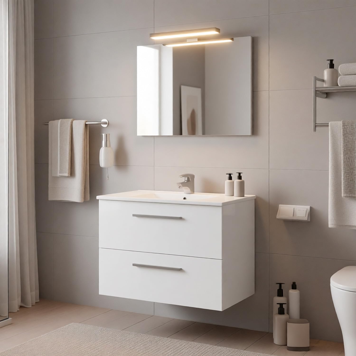 Bricozone Mobile Bagno Sospeso 80 Cm Con Lavabo In Ceramica Specchio E Led Da 45 Cm Bianco 2 Cassetti Chiusura Assistita Per Arredo Bagno Contemporaneo (Mobile Lavabo e Specchio con Led da 45 Cm)