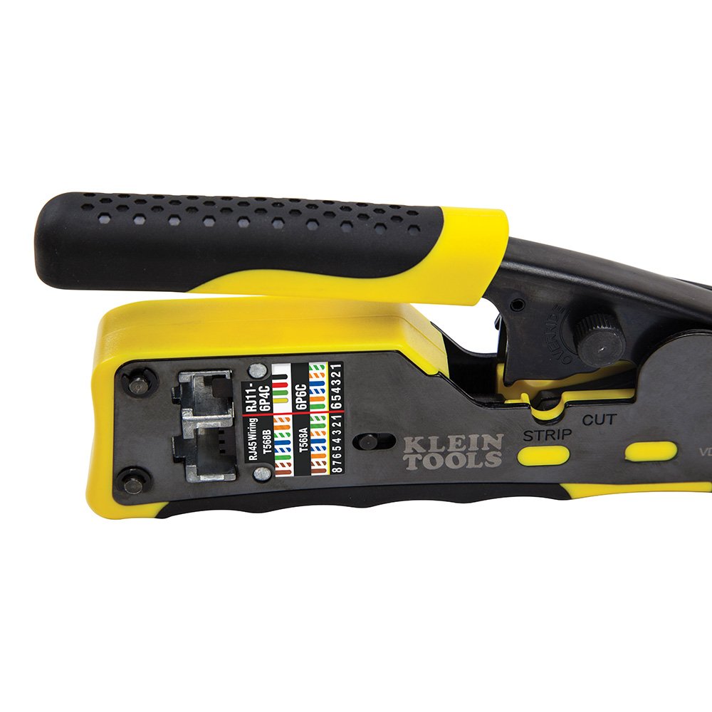 Klein Tools VDV226-110 | Pinza Crimpadora De Trinquete Pass Thru | Corta Pela Y Crimpa Cables Datos | RJ11 RJ12 RJ45 | Construccion De Acero Duradera