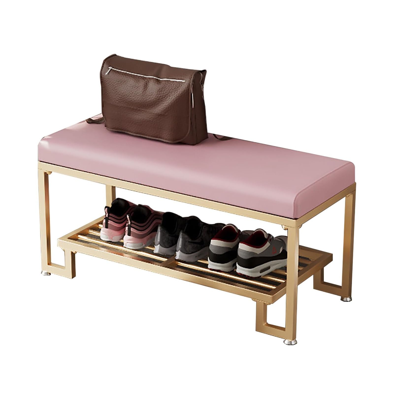 WJFTODAY Shoe Bench with Cushion & Storage Metal Upholstered Entryway Stool Stylish Shoe Rack for Living Room Balcony & Hallway Pink with Golden Legs (80cm)