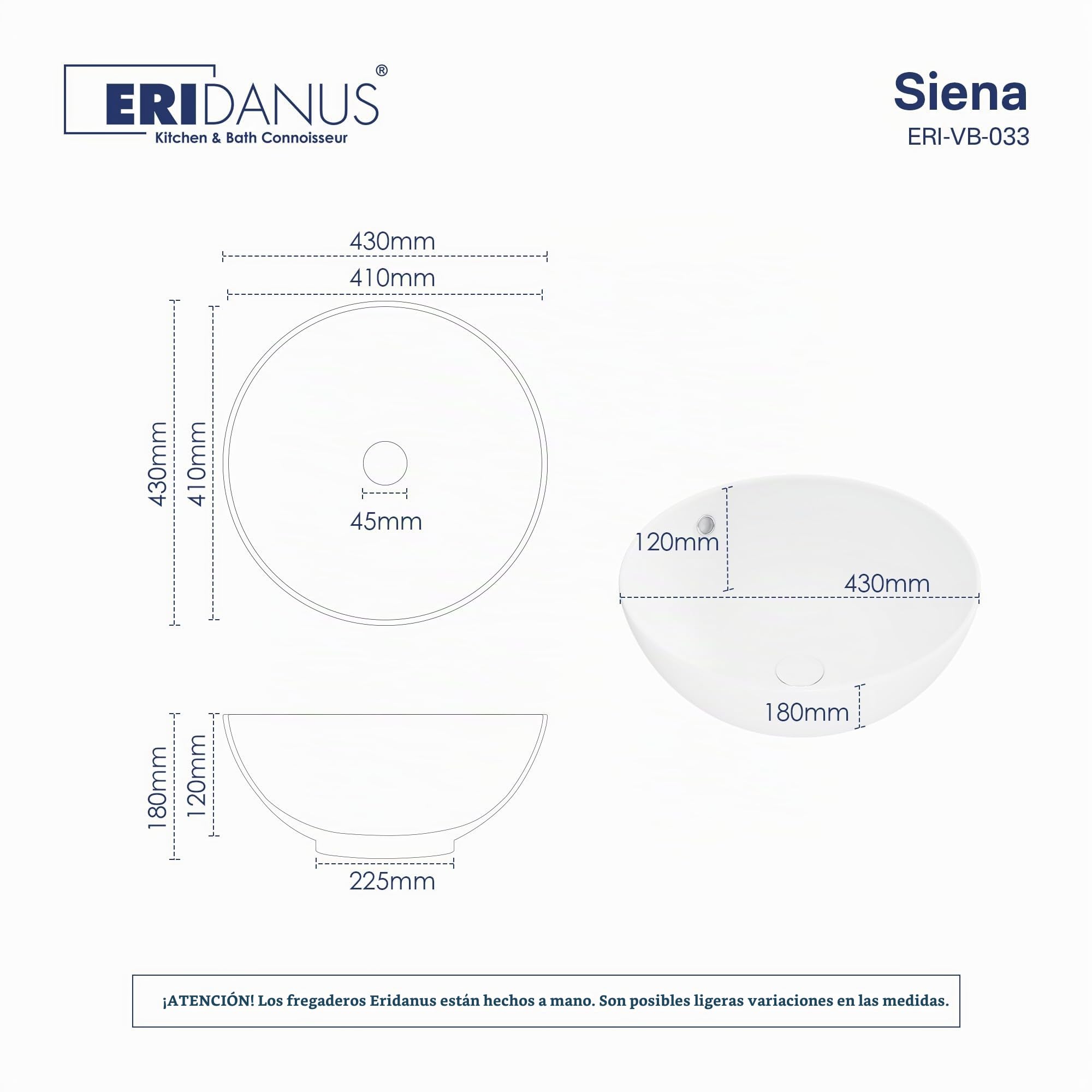 Eridanus Fregadero redondo con agujero de desbordamiento, lavabo de cerámica para encimera de baño, lavabo de porcelana vítrea para lavabo, baño, tocador, blanco brillante, 430 x 430 x 180 mm