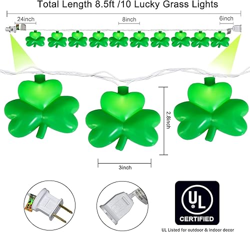 Miniatura 2 de Guirnalda de luces de trébol de 8.5 pies, luces de decoración del día de San Patricio con 10 luces verdes de la suerte, luces de trébol de la suerte