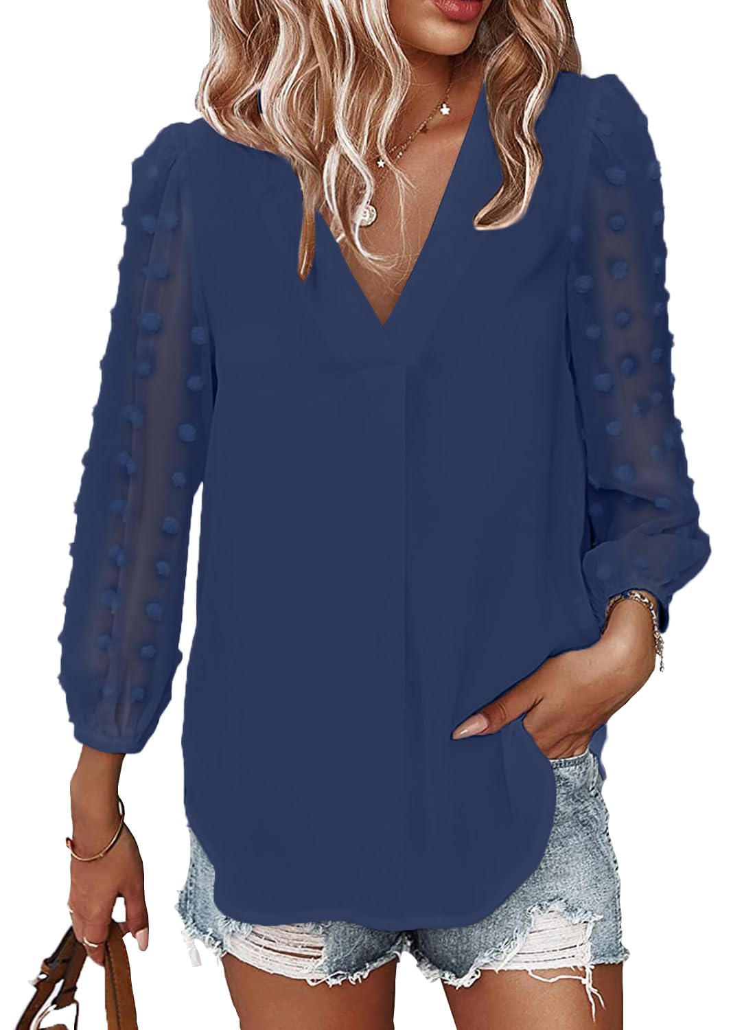 Samefar Women's Long Sleeve Pom Pom Top V Neck Pleated Shirts Casual Loose Blouse