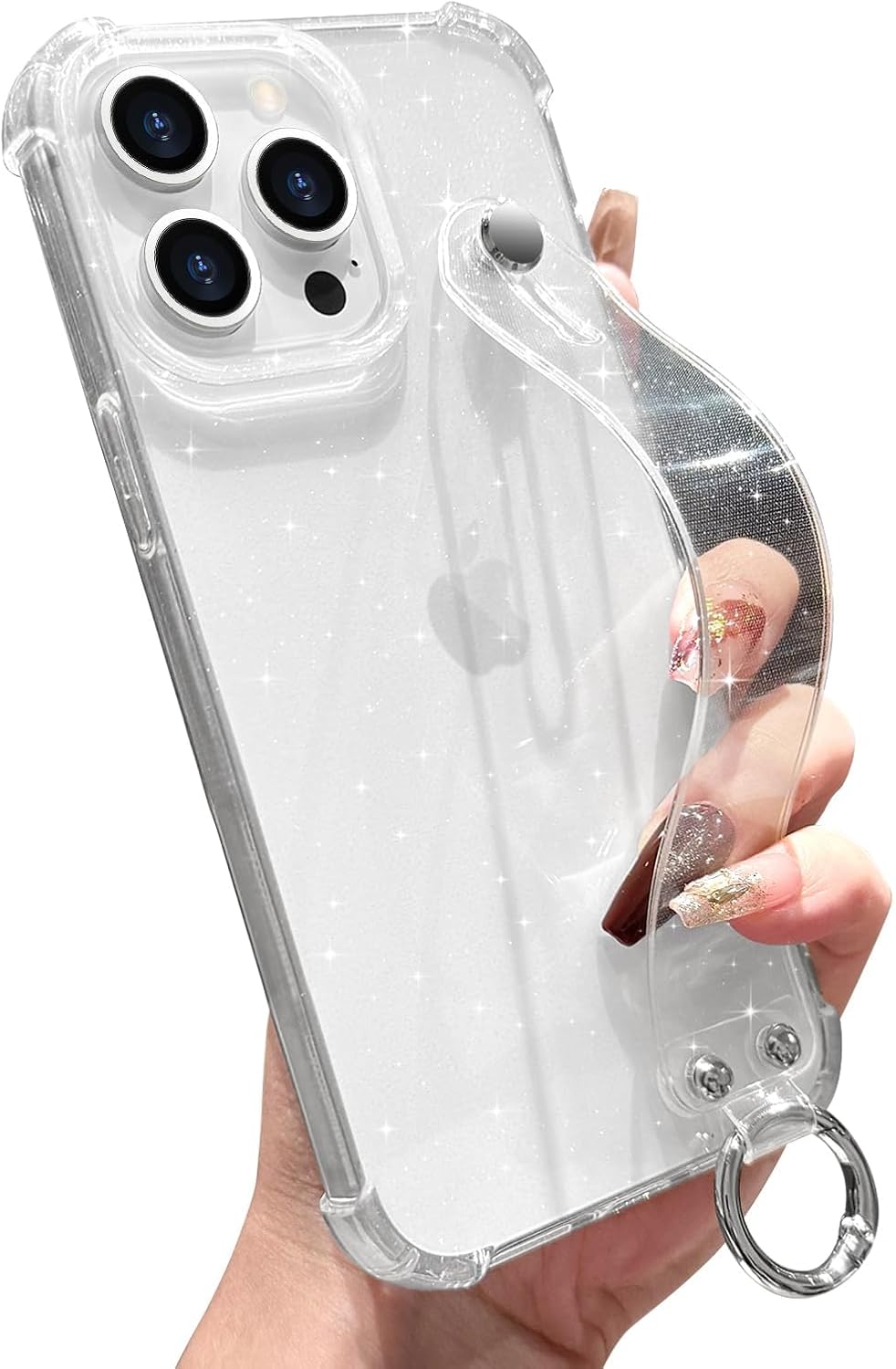 for iPhone 15 Pro Case Clear Glitter with Strap, Soft Silicone Back Cover, Adjustable Hand Strap for Women Girls Sparkle Bling TPU Protective Phone Case for iPhone 15 Pro 6.1", Clear