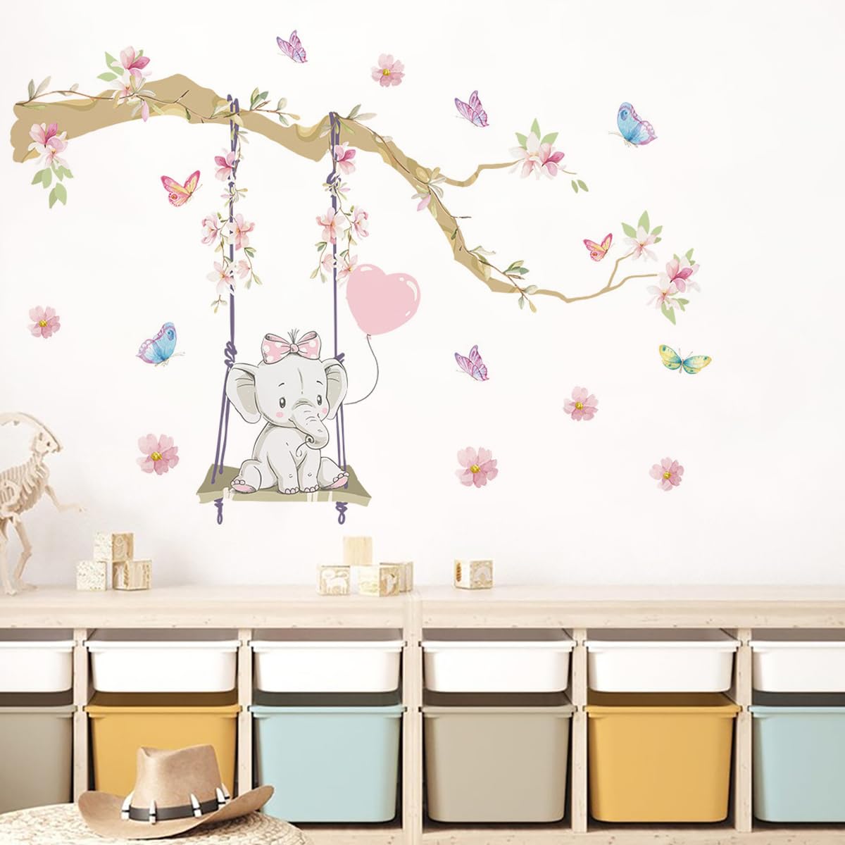 Kibi Wall Sticker for Children with Elephant on Swing Butterflies and Flowers, Wall Stickers for Children's Bedroom - Image 4