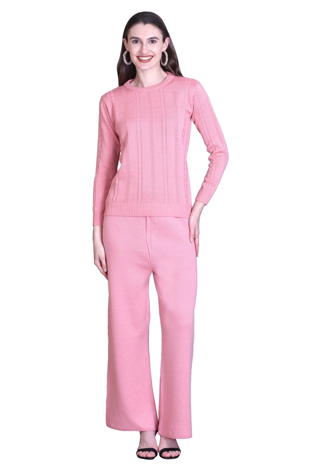 Women Winter Coord Set Wool Blend Round Neck Warm Sweater and Pants for Casual, Travel Wear