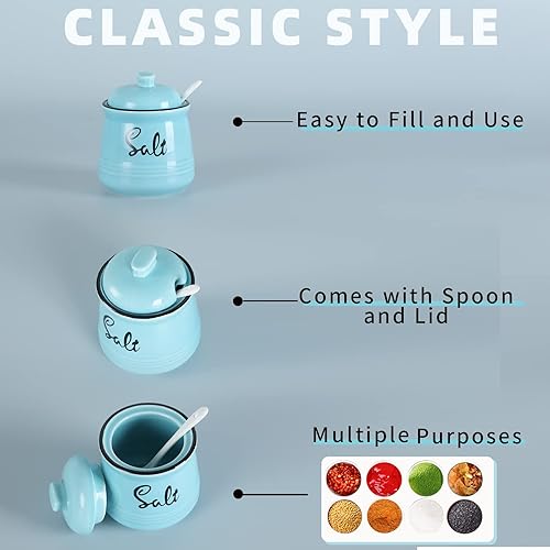 Miniatura 7 de HAOTOP Juego de cuencos de cerámica para sal y pimienta de granja de 12 onzas con tapa y cucharas, fáciles de limpiar (turquesa)