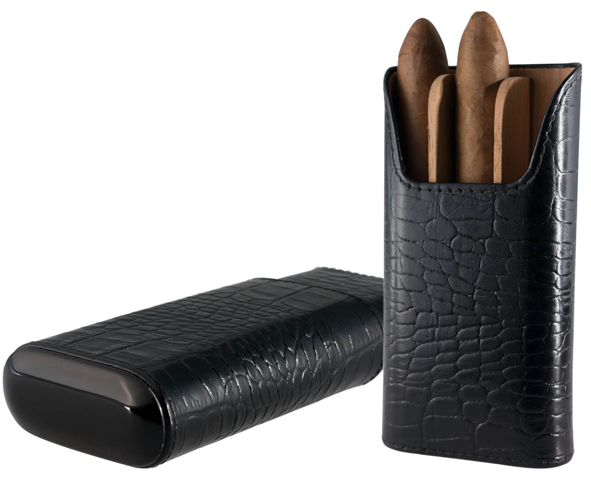 Brizard & Co Croco Black Leather and Ebony 3 Finger Cigar Case