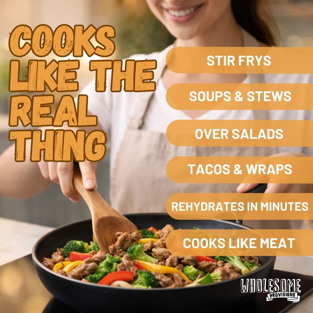 Wholesome Provisions Textured Vegetable Protein, Vegan Meat Substitute, 100% Hexane Free, Made with #1 Graded Yellow Soybeans, Made in US, Gluten Free, Just Like Beef, Unflavored (1 Package)