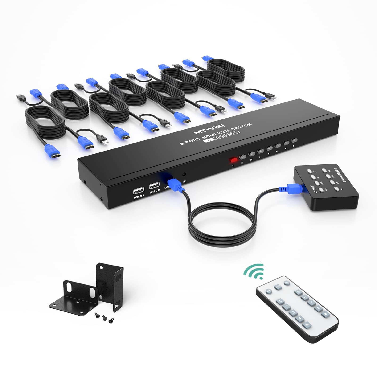 MT-VIKI 8 Port KVM Switch HDMI, 4K@30Hz 1U Rack Mount KVM Switch w/IR Remote & Wire-Desktop Controller & 8 HDMI KVM Cables & Rack Ears & Power Adapter