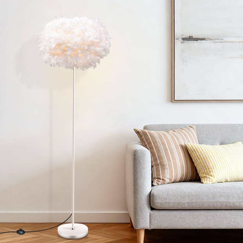 Feather Floor Lamp for Living RoomοΌ59in Simple Modern LED Standing LampοΌWhite Firebird Feathers LampshadeοΌTall Floor Lights for Bedroom,Corner,Office ,Nursery with Foot Switch(Bulb not Included)
