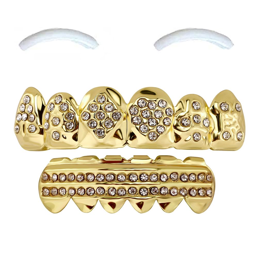 SSyang 18K Hip Hop Teeth Grills for Mouth Braces Decoration with 2 Silicone Moldings Hip Hop Teeth Grills for Mouth Top Bottom Music Festival Party Rapper Decorations (Double Row Drill+Golden) — image 1