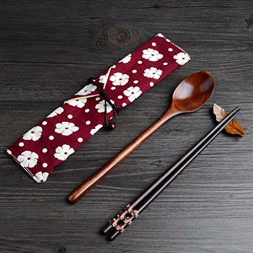 Essstäbchen Löffel Set Japanische Natur Chopsticks stäbchen aus umweltfreundlichem hölzernen in edler Schatulle Geschenkbox (ROT) Cover
