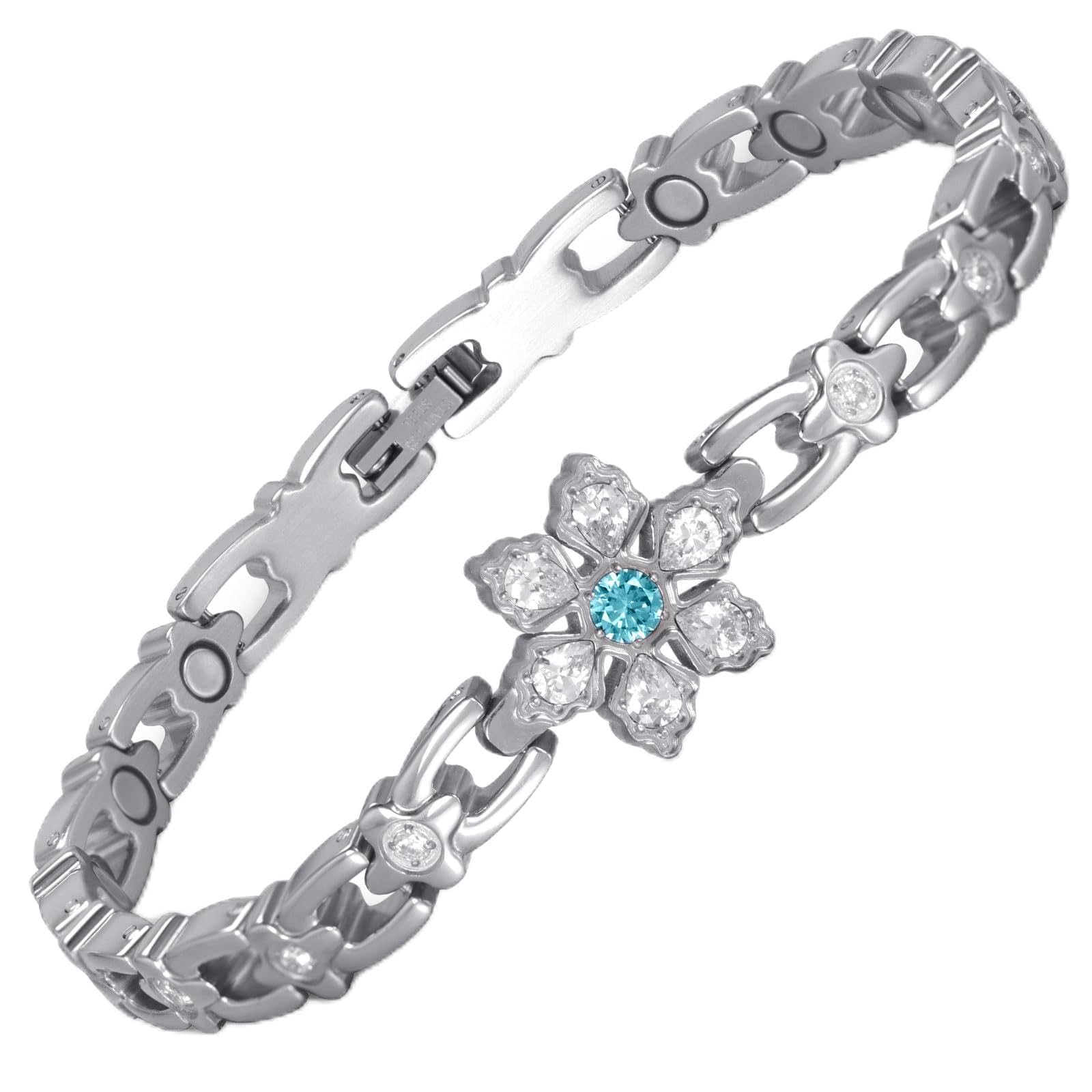 RainSo Bracelet magnétique pour femme - En acier inoxydable - Motif flocon de neige - Décoré avec pierres précieuses et cristaux bleus - Réglable - Avec outil et coffret cadeau