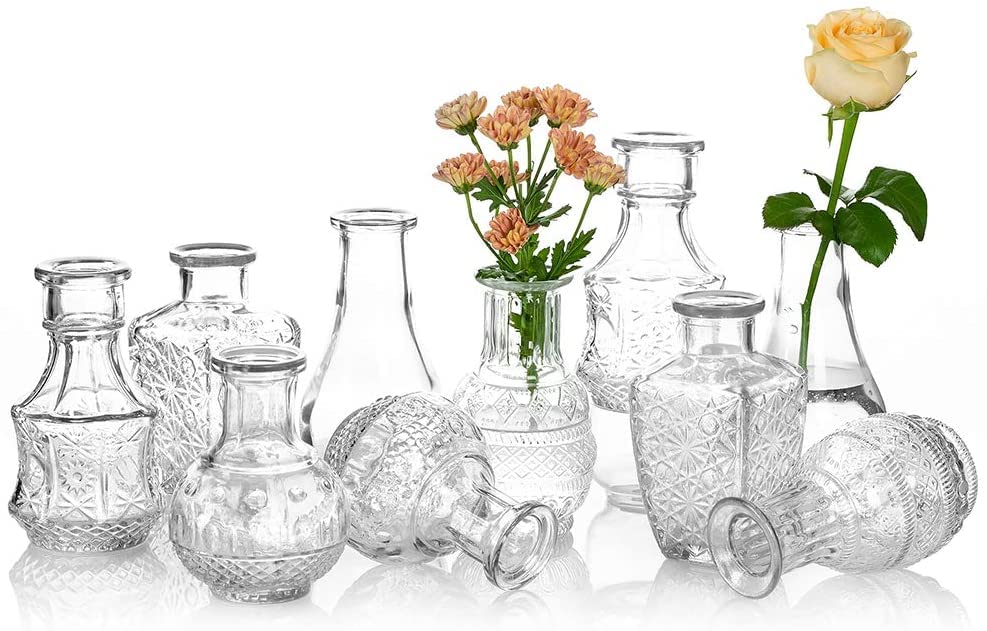ND Glass Single Bud Vase Set of 5 Decorative Rustic Flower Vases Decorations Small Mini Table Floral Vase Barcelona Style for Home Decor Centerpieces, Events, Vintage Look (White, 10)