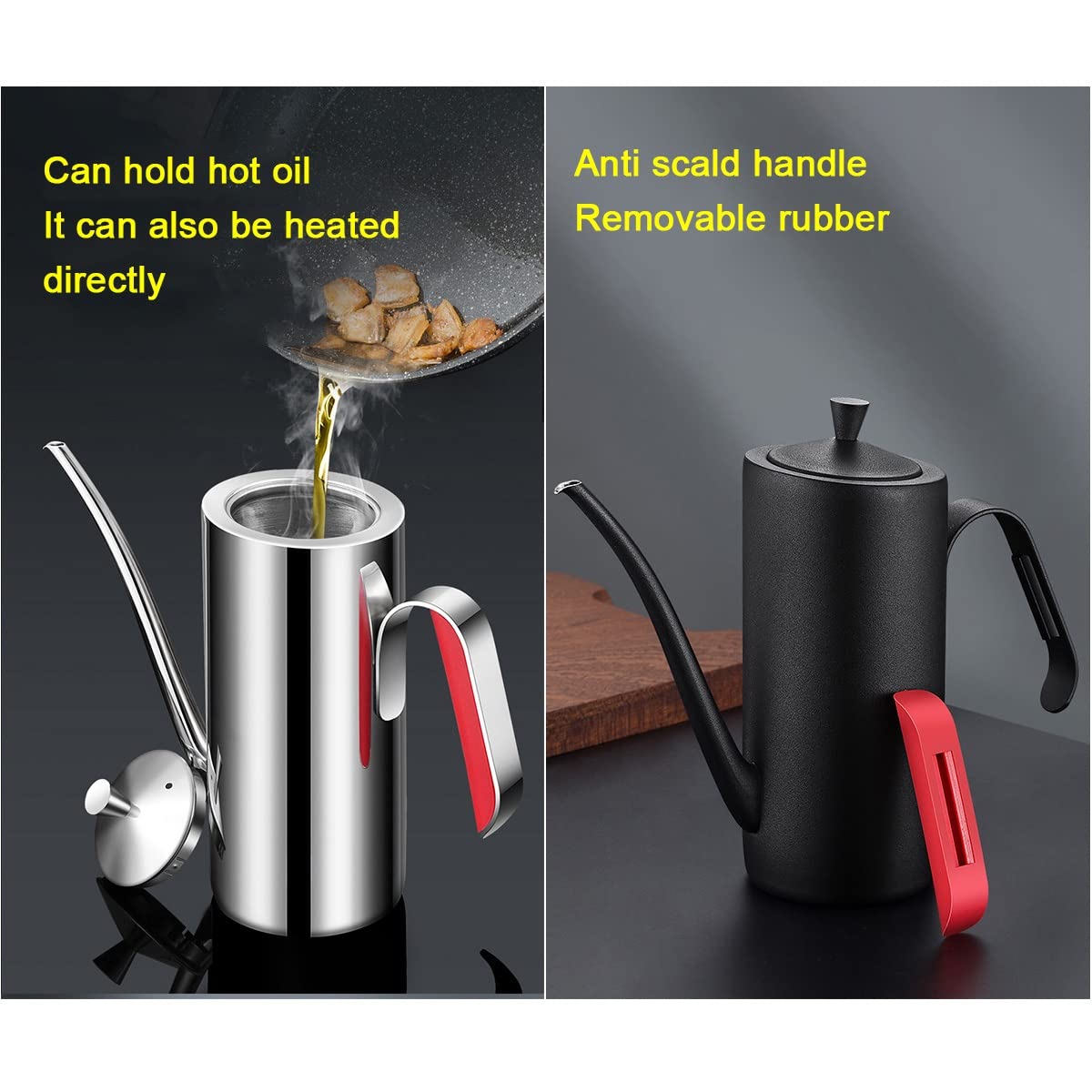 Bottiglia dispenser per olio in acciaio inox, versatore antigoccia, con manico anti-calore, per cucinare, barbecue e picnic, versatile per aceto e olio, 500 ml