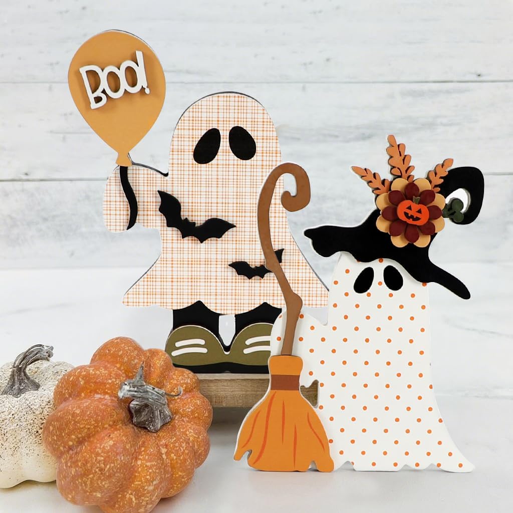 DAZONGE Halloween Decorations Indoor, 2 Pack Cute Wooden Halloween Ghost Witch Decor, Witchy Ghost with Broom & Boo Balloon Centerpieces for Party Mantel Shelf Tabletop Orange&white