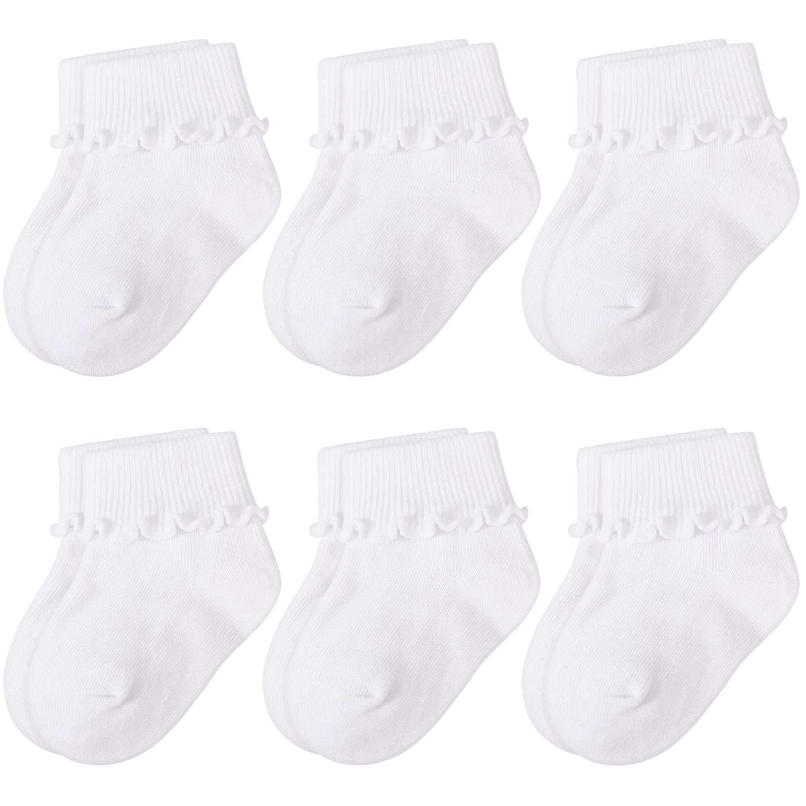 Dreshow Women's 6 Pairs Turn Cuff Socks: 01 Baby Girls Frilly Socks Ruffle Ripple Edge Turn Cuff Ankle Socks Toddlers Infants