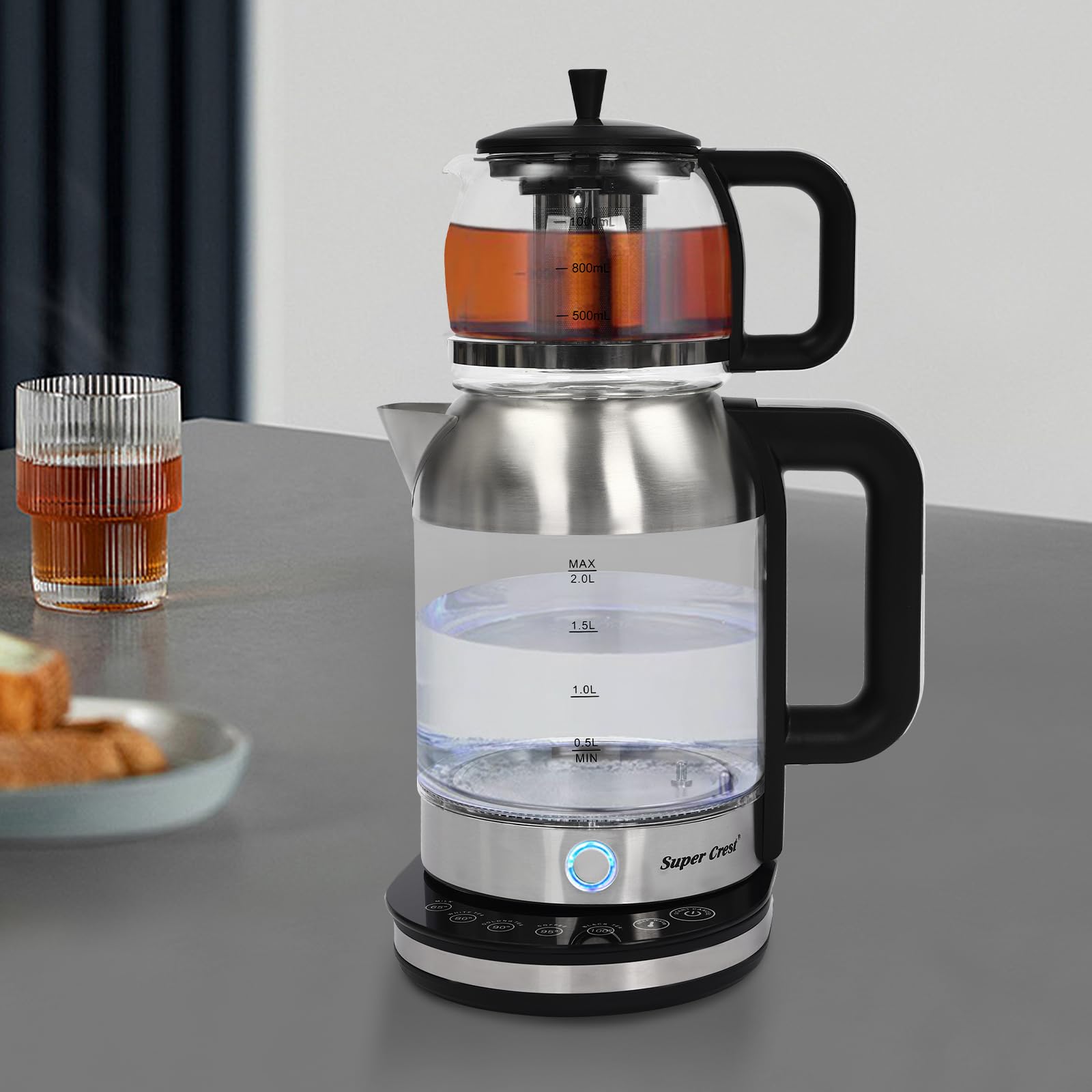 Elektrischer Glas-Wasserkocher, 1800W Teekanne mit Siebeinsatz, 2.5L + 1L Zwei Kannen, Thermofunktion, Glaswasserkocher für Tees, Blumentee
