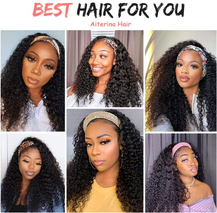 Miniatura 6 de Aiterina - Peluca de diadema de onda profunda con cabello humano para mujeres negras, cabello remy brasileño, sin pegamento, sin encaje frontal,