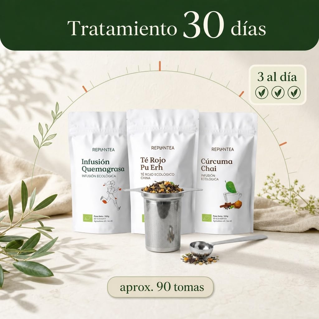 REPLANTEA Zestaw 3 naparów Slim luzem – Detox Depurtive and Drenant Herbata – 30 dni leczenia dla Twojego dobrego samopoczucia – filtr zaparzający i miarka ze stali nierdzewnej w zestawie