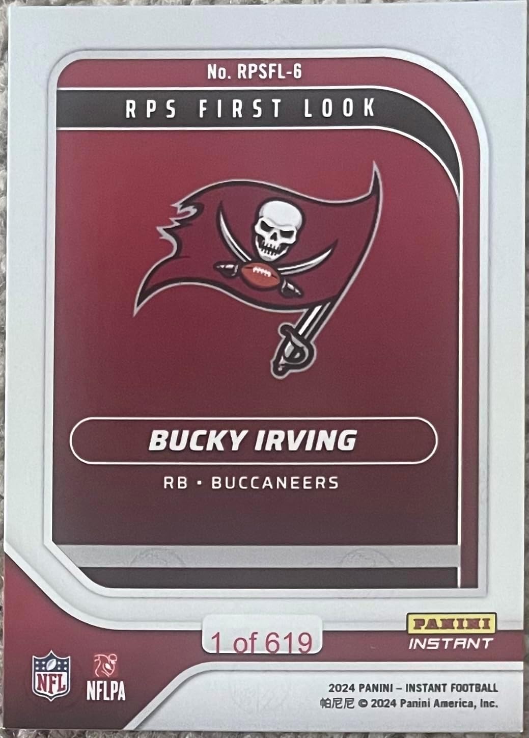 2024 Panini Instant Bucky Irving Buccaneers RC #RPSFL-6 -Rookie Premiere RPS First Look - Football Trading Card- Tampa Bay - Each Card Stamped 1 of 619 on back. Shipped in Protective Screwdown Holder!