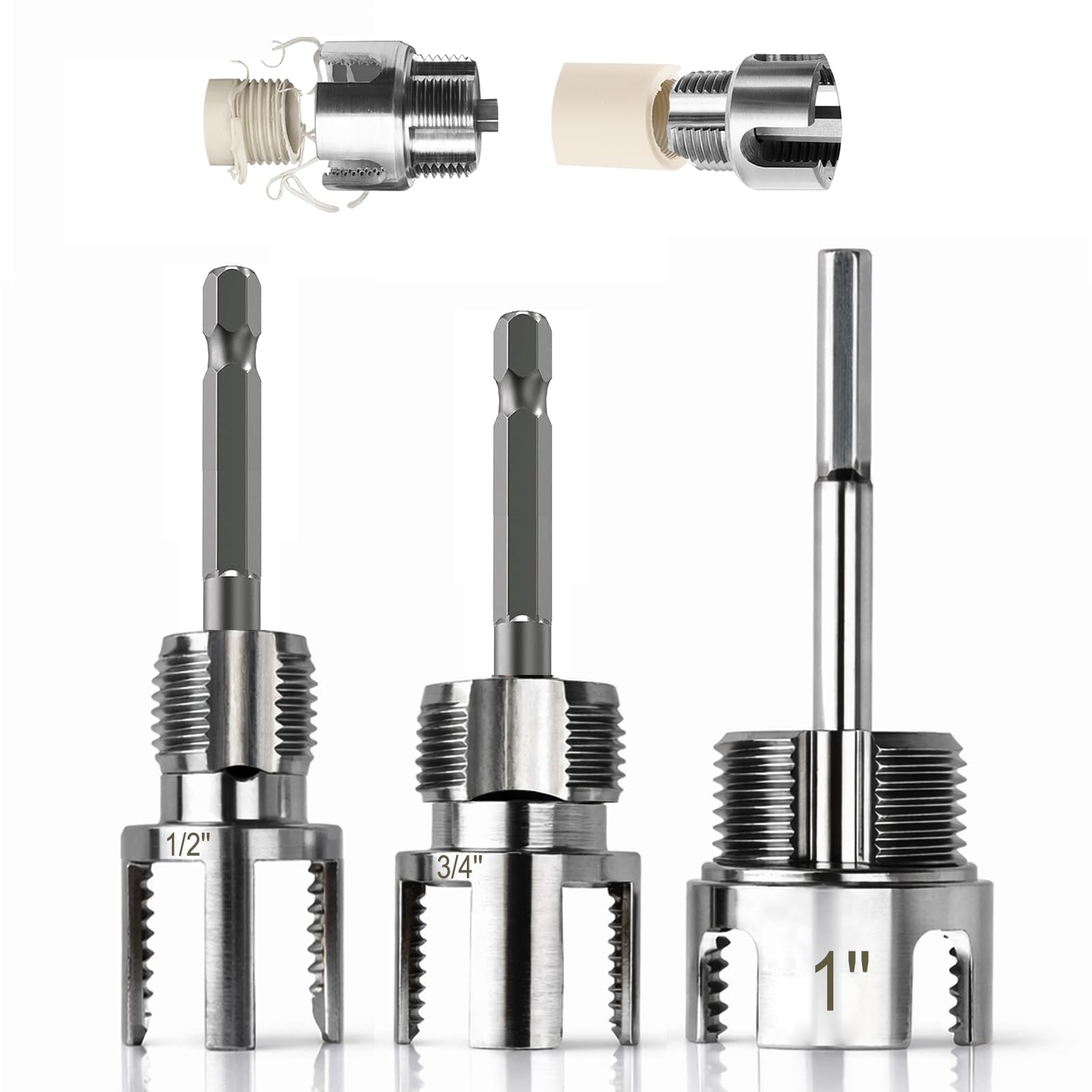 Saipor PVCパイプねじ切り器 3点セット 1/2" & 3/4" & 1" NPT、内外径兼用 ねじ切りツール、電動ドリル対応 デュアル機能 パイプタップ ダイス セット