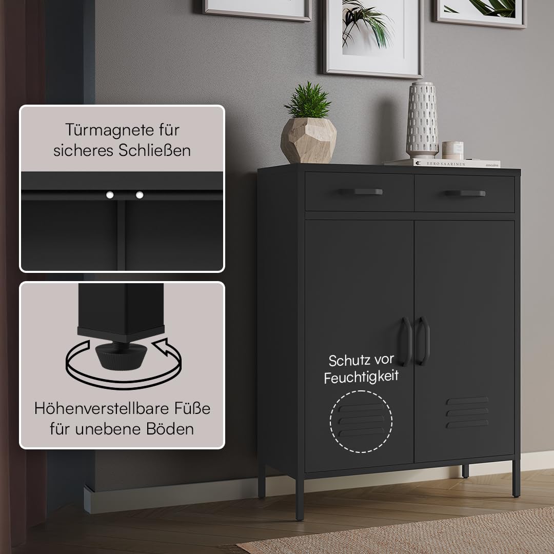skølm Atria Metall Kommode – Sideboard in Schwarz – Metallschrank mit 2 Fächern & 2 Schubladen – Mehrzweckschrank – Industrial Highboard – Aufbewahrungsschrank/Flurschrank – Flexible Einlegeböden