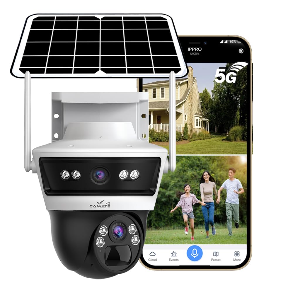 Camate Stellar Duo 4+4MP (2.4GHz & 5GHz) Dual-Band WiFi Solar Outdoor CCTV Camera with 7W Solar Panel, 10400mAh Battery, Motion Detection, Two-Way Audio, IP65 Waterproof Wireless Security Camera
