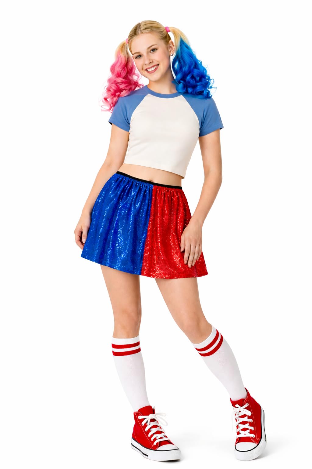 The Dragons Den Adults 15" (38cm) Sequin Skater Skirt Harlequin Super Villain Halloween Fancy Dress [L-XL] Red, Blue