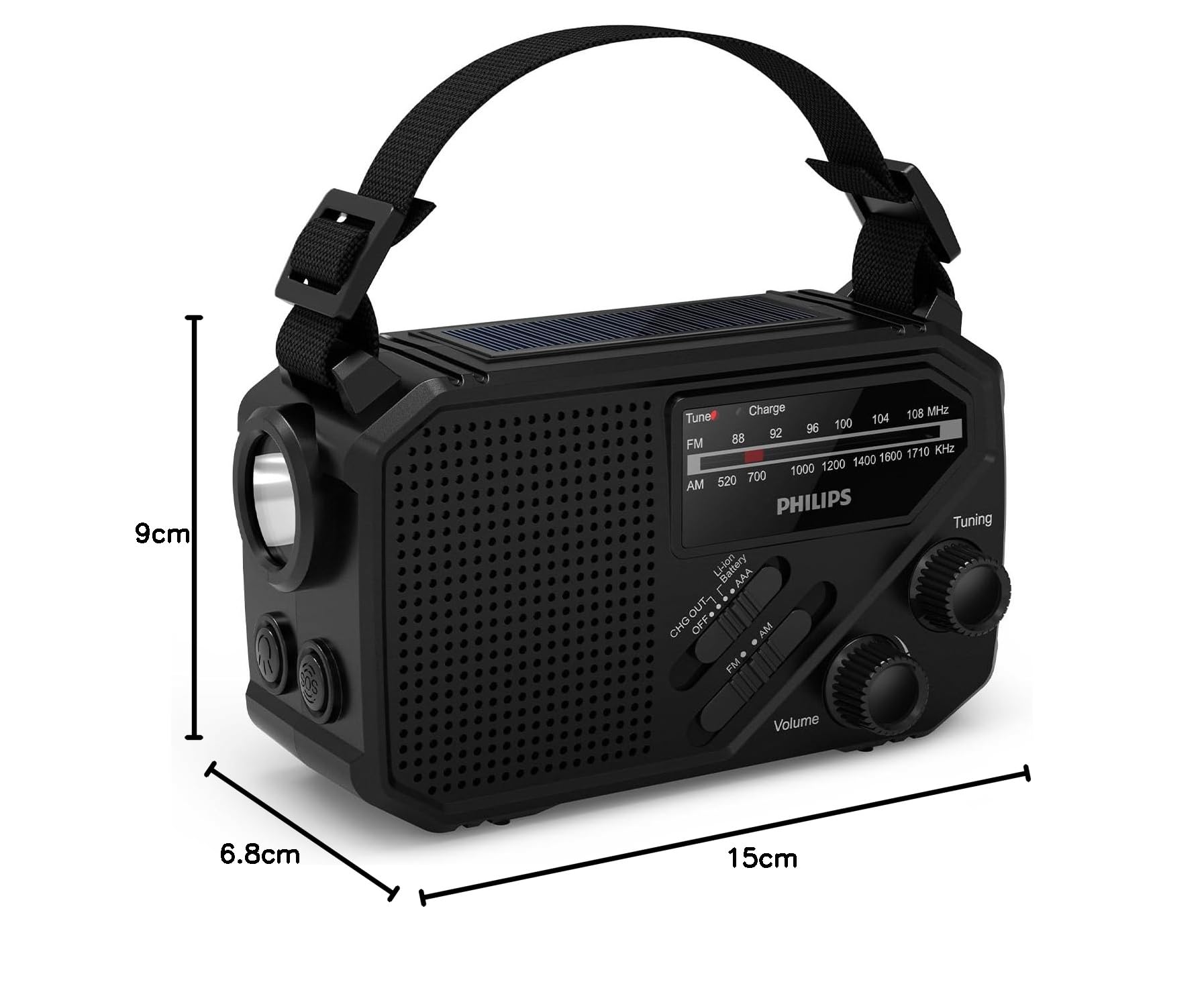 Philips TAR1609 – przenośne radio FM/AM z akumulatorem, komorą na baterie AAA i korbą, zasilaniem z paneli słonecznych, lampką LED i latarką, przydatne na biwaku, w czasie wędrówek i awarii energii