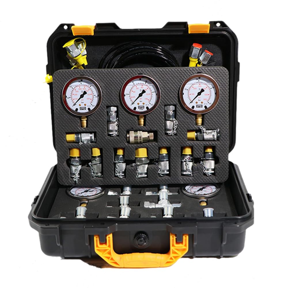 Kit de Prueba de presión hidráulica con 5 manómetros (0-900 PSI, 0-1500 PSI, 0-4000 PSI, 6000 PSI, 0-10000 PSI), 24 acoplamientos, 5 mangueras de Prueba y Estuche de Aluminio.