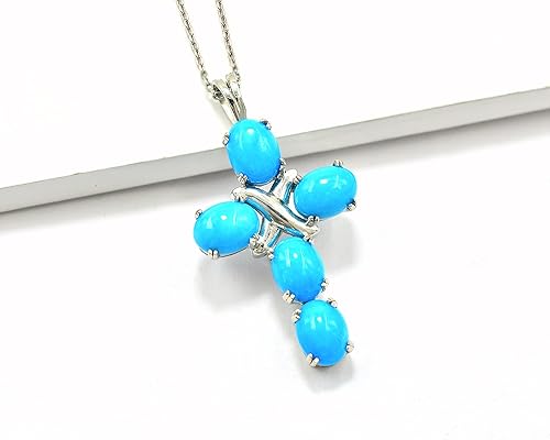 Miniatura 2 de Collar con colgante de cruz sagrada de piedra preciosa de corte ovalado turquesa de 0.315 x 0.236 in, plata de ley 925, piedra natal de diciembre,