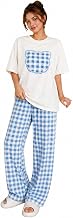 KSHS Women's Cotton Blend Plaid Pyjama Set, White Tee and Black Checkered Pants