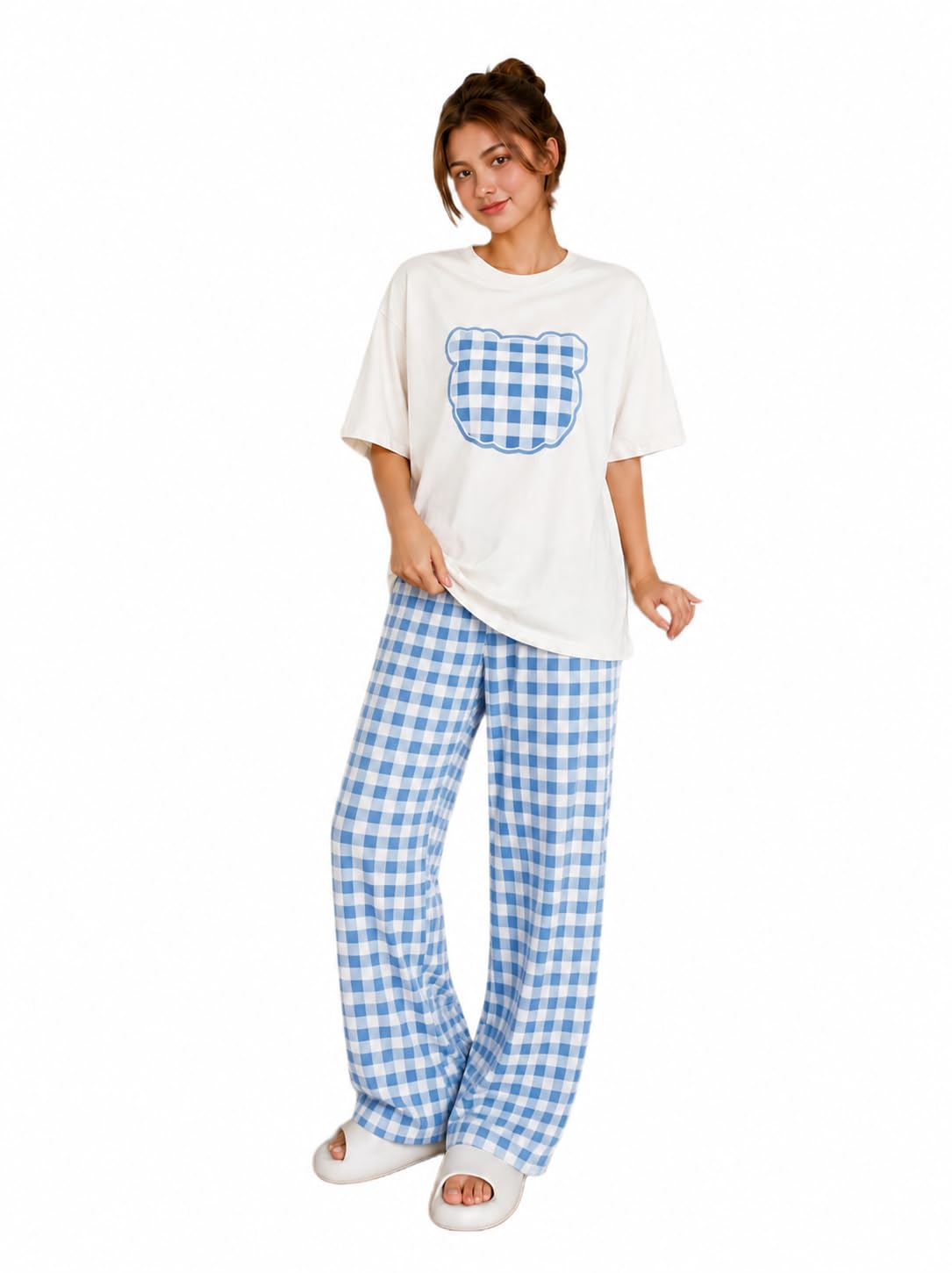 kshs Women's Plaid Pyjama Set, White Tee and Black Checkered Pants-picture-15