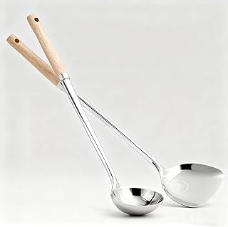Spatula and Ladle - Set of 2 Wok Tools, Stainless Steel Wok Spatula & Soup Ladle Set with Beech Wood Grain Handle, Polished Heat-Resistant Cooking Utensils Set for Scooping, Flipping
