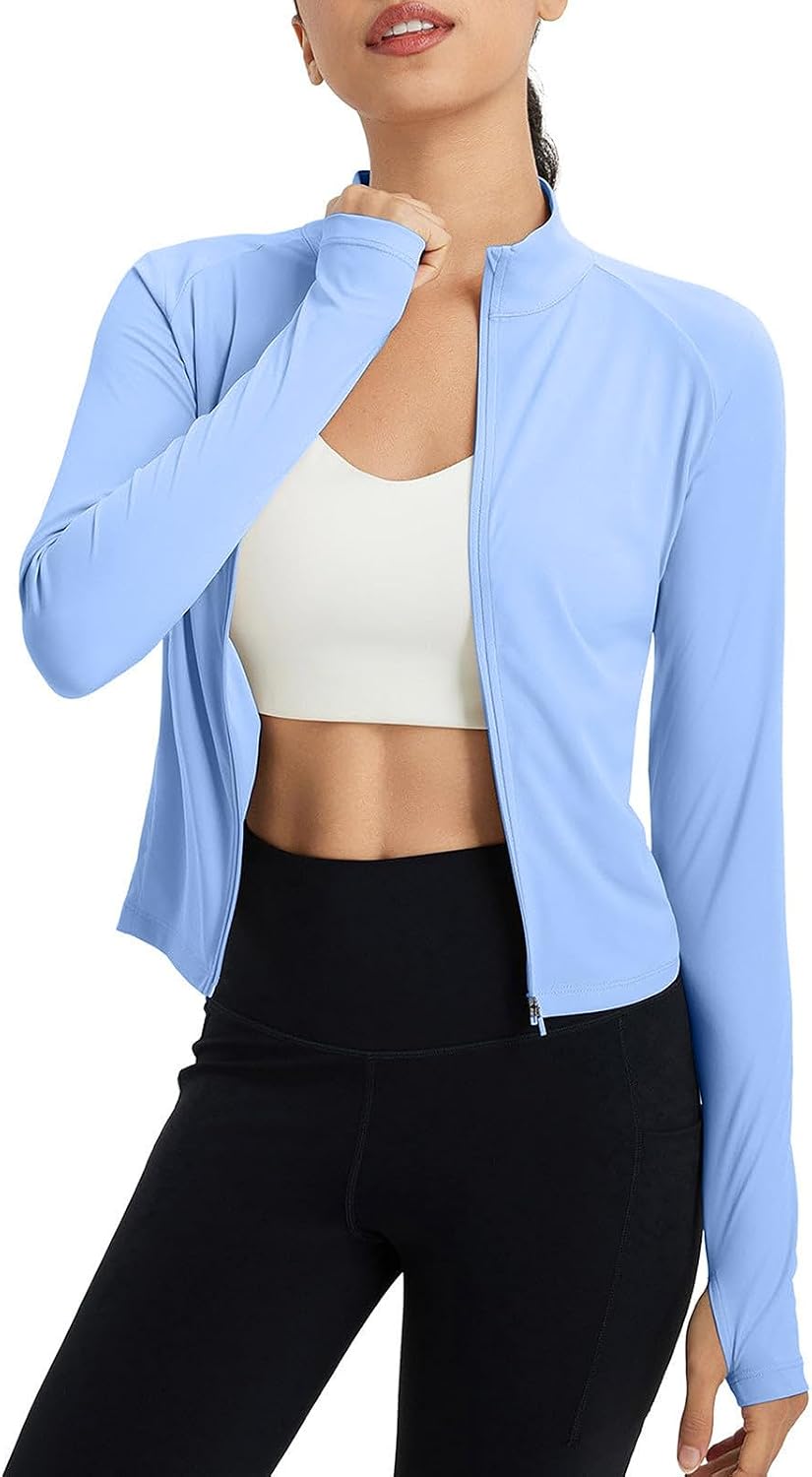 Women's UPF 50+ Sun Protection Tops UV Outdoor Running Crop Jacket Long Sleeve Full Zip Lightweight Rash Guard