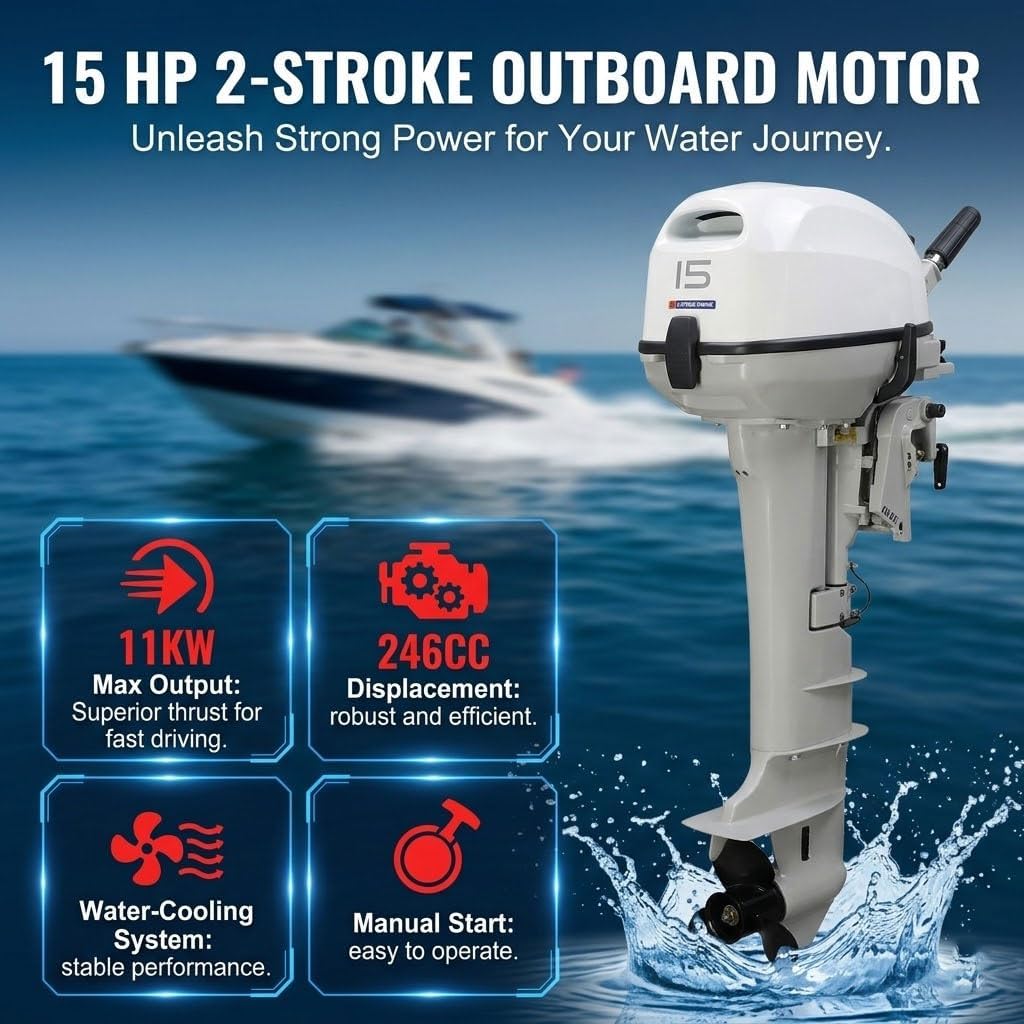 15 HP 2-Stroke Outboard Motor, Manual Start Water-Cooled Boat Engine Compatible with Small Boat Fishing Boat Inflatable Boat