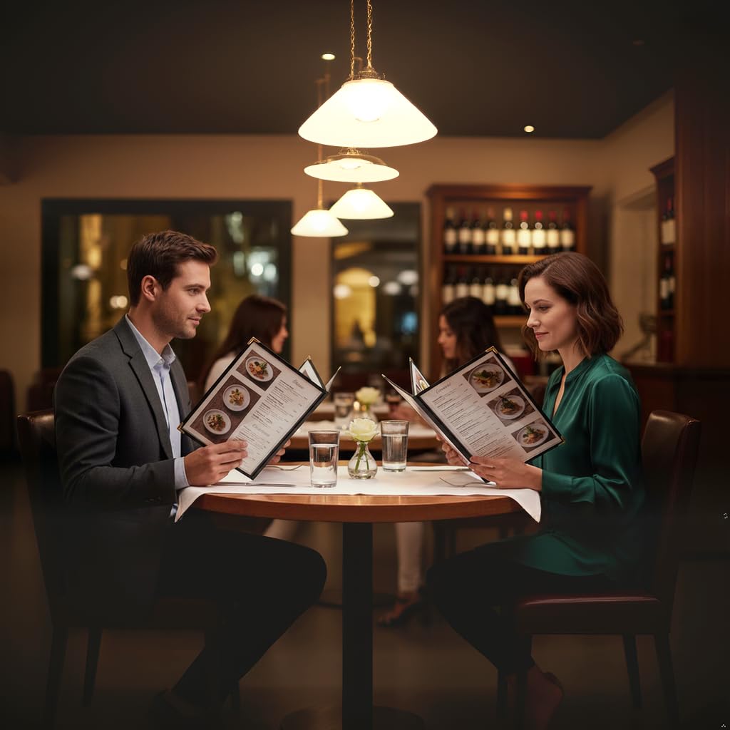 Menu Covers Restaurant 8.5x11 Inch - 15-Pack Black Leather-Style Waterproof Holders with 3-Pocket Side-Loading Sleeves & Gold Corners for Upscale Dining