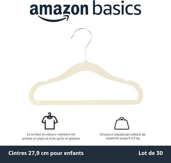 Amazon Basics Lot de 30 cintres antidérapants en velours pour enfants et tout-petits, 29 cm, beige - 2