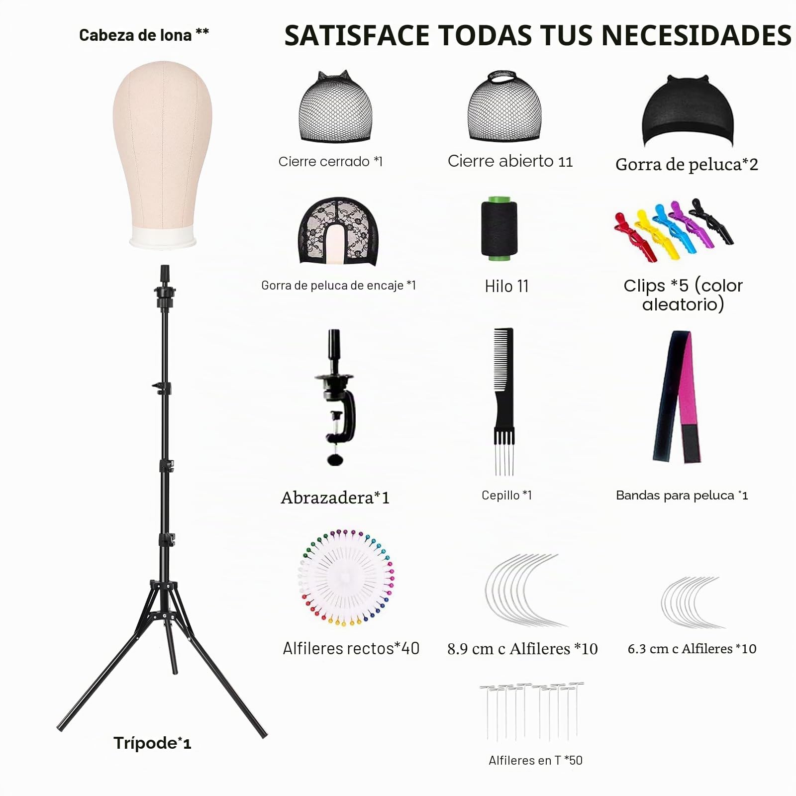 Cabeza de Peluca de 55 cm, Cabeza de Maniquí de Lona con 160 cm Soporte para Confección de Pelucas, Exhibición, Cabeza para Peinar con Abrazadera de Mesa,T-Pins,Gorro de Peluca, Beige