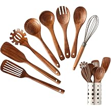 Wooden Kitchen Utensils Set with Holder, NAYAHOSE 9 Pcs Teak Wood Spoons for Cooking Spatula Set with Stainless Steel Storage Barrel