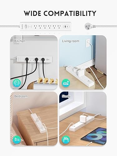 Miniatura 8 de Regleta protectora contra sobretensiones PD 20W USB C - Cable de extensión trenzado de enchufe plano con 6 salidas de CA, 2 USB (1 USB C), montaje