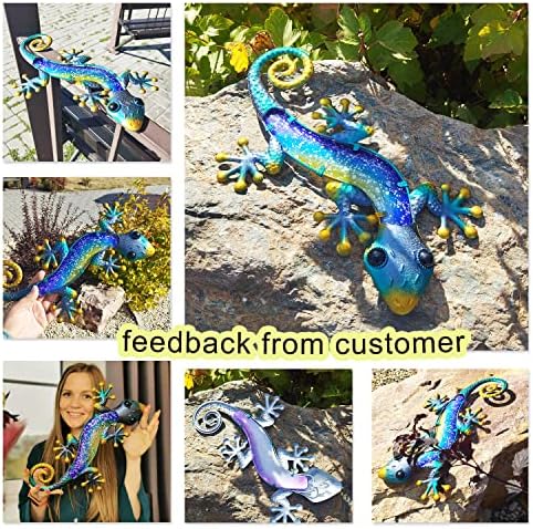 Liffy Metal Gecko Outdoor Wall Decor Lizard Garden Art Blue Hanging Glass Decorations for Patio or Fence, 15.2 Inches Long